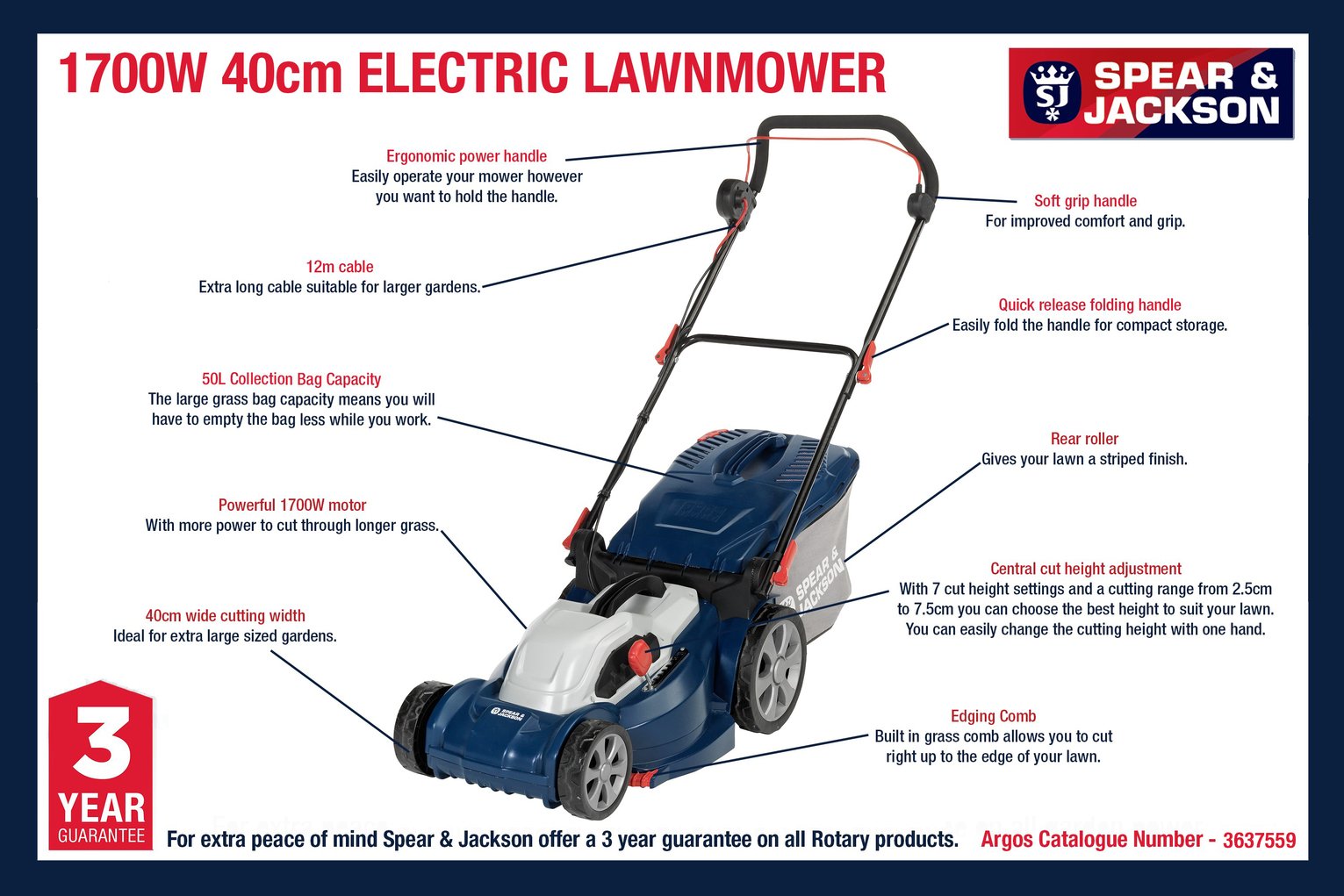 Spear & Jackson 40cm Corded Rotary Lawnmower - 1700W — view 6