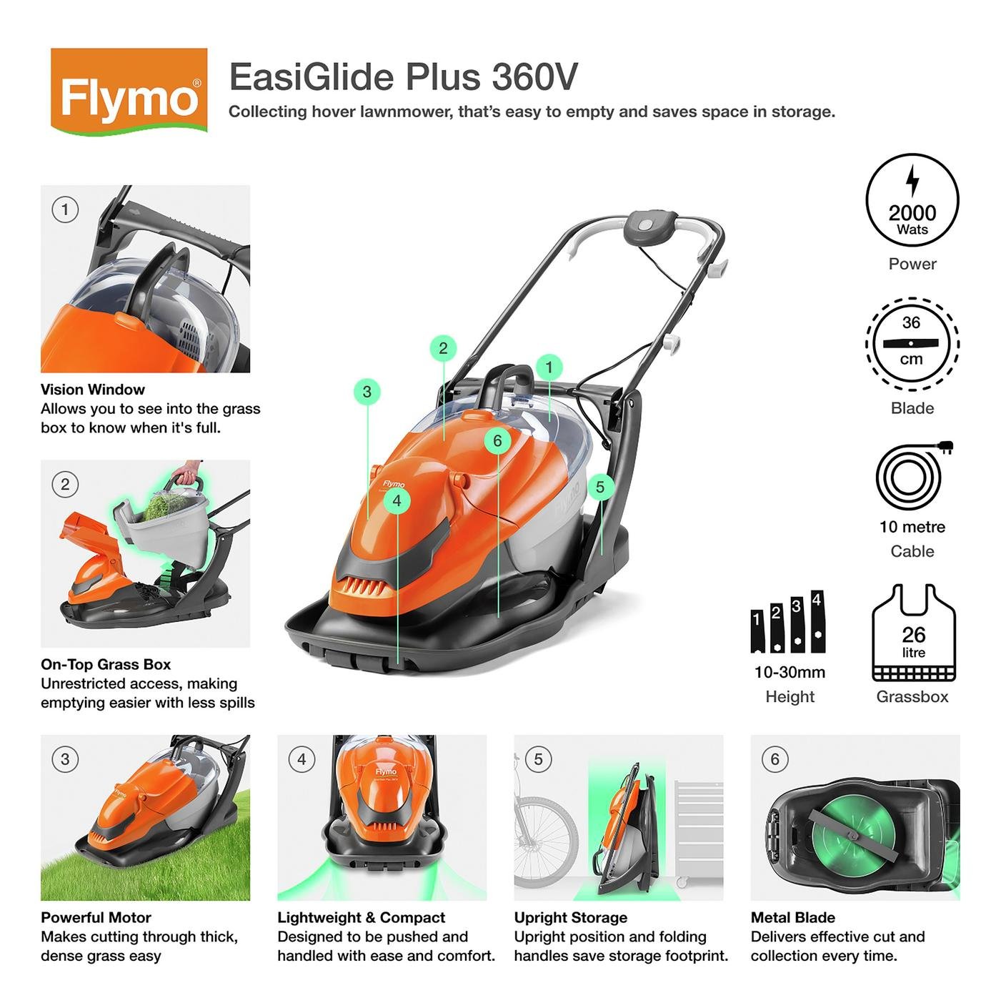 Flymo EasiGlide Plus 360V 36cm Corded Hover Lawnmower- 1800W — view 7