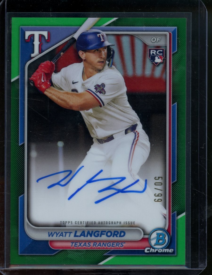 2024 Bowman Chrome Wyatt Langford Rookie Auto Green /99 Rangers — view 2
