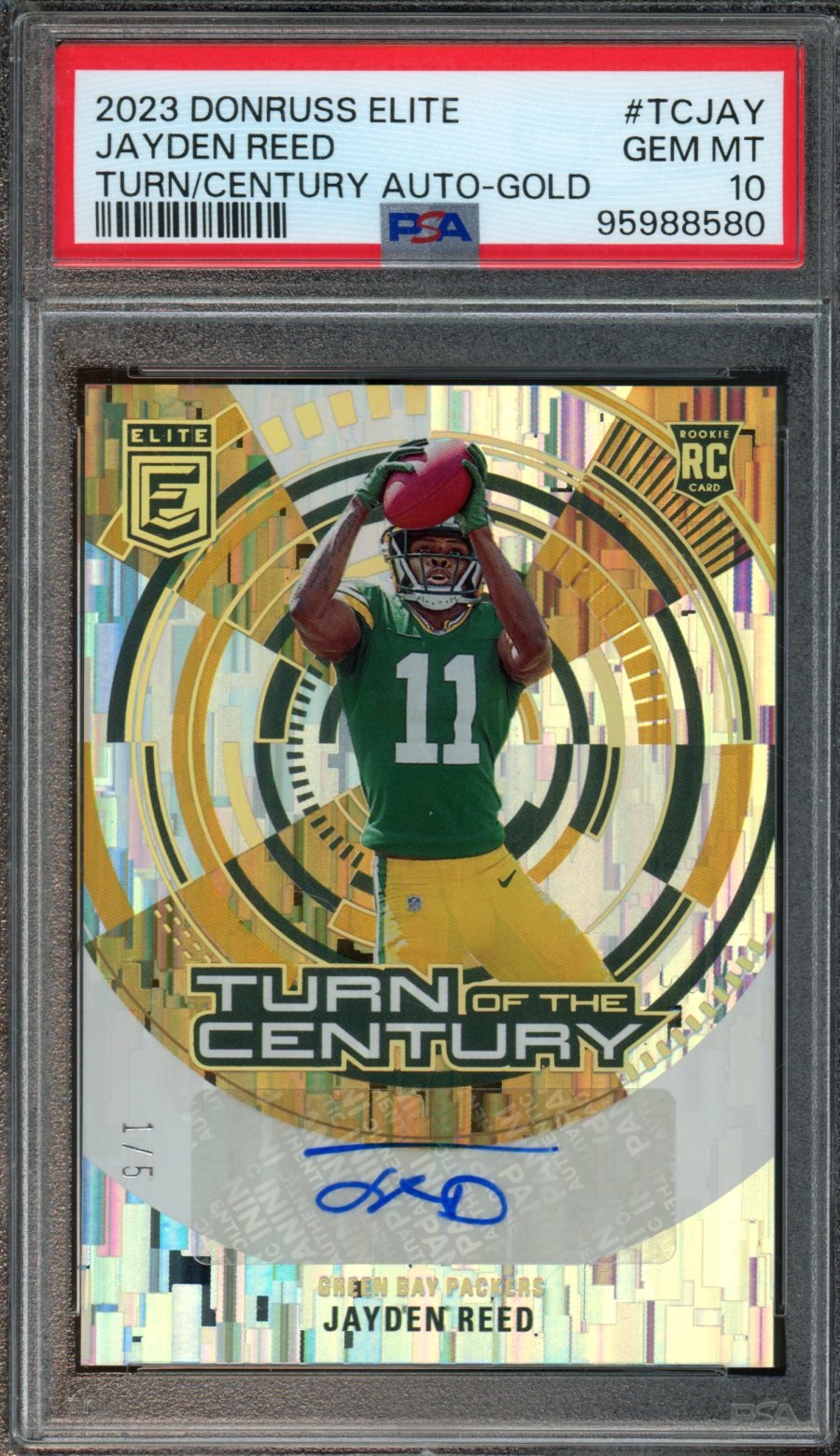 2023 Panini Donruss Elite Jayden Reed Turn Of The Century Rookie Auto Gold /5 PSA 10 Packers — view 2