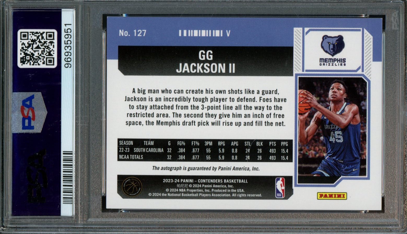 2023 Panini Contenders GG Jackson II Rookie Ticket Auto Cracked Ice /25 PSA 9 Grizzlies