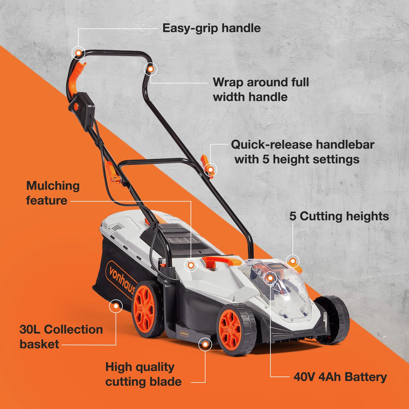 VonHaus 33cm Cordless Lawnmower - 40V — view 3