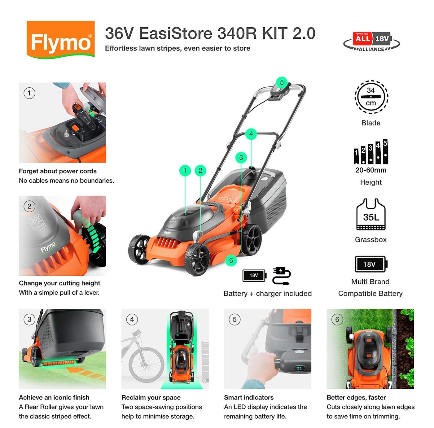 Flymo EasiStore 340R 34cm Cordless Wheeled Lawnmower - 36V — view 2
