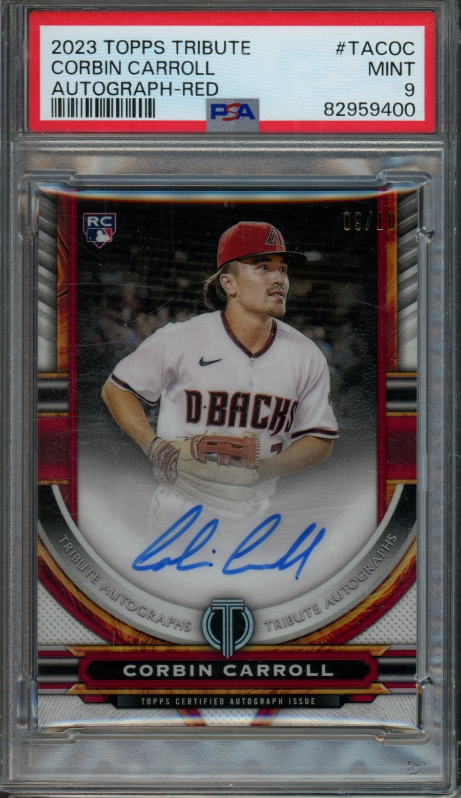 2023 Topps Tribute Corbin Carroll Rookie Auto Red /10 PSA 9 Diamondbacks — view 2