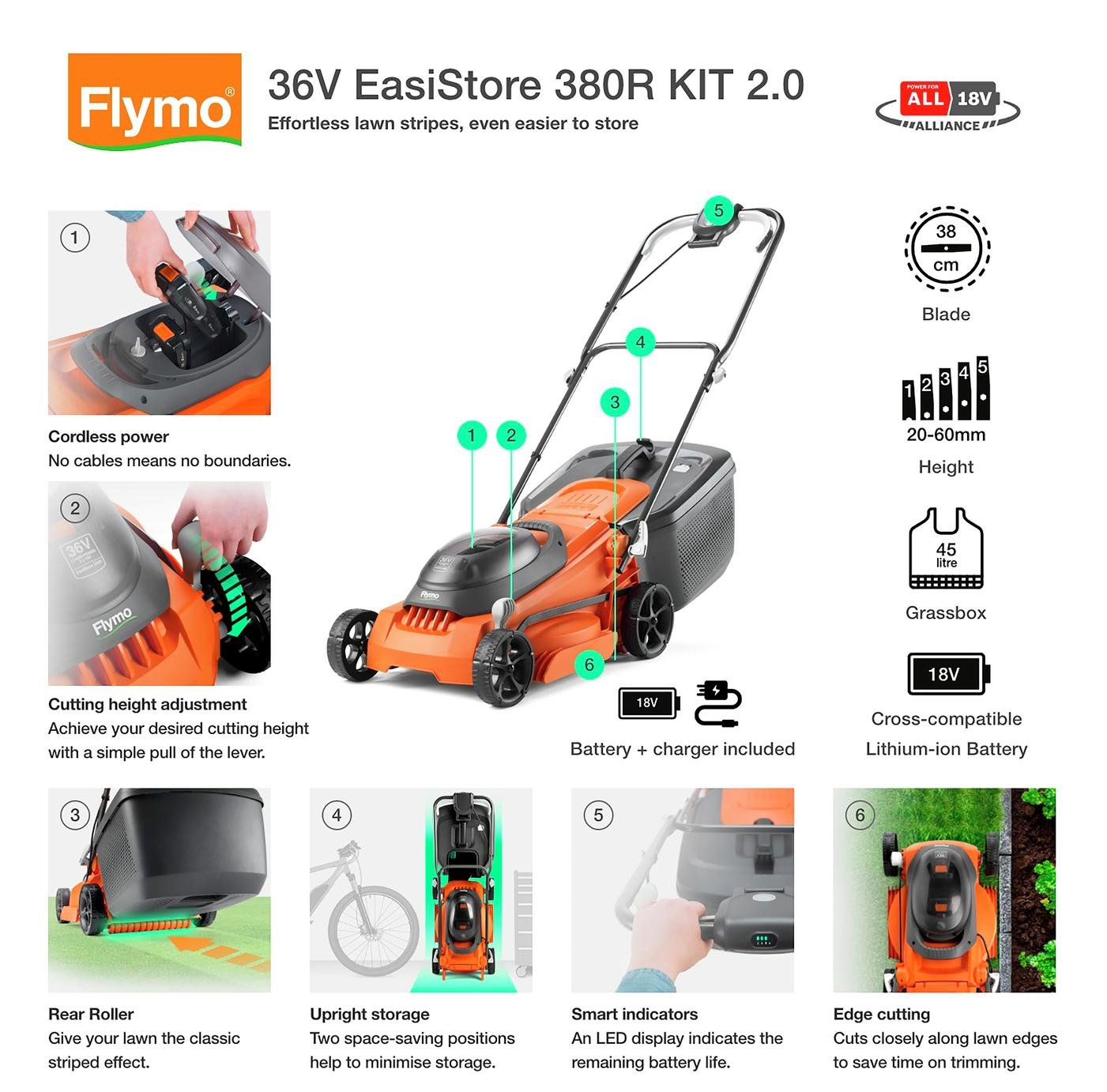 Flymo EasiStore 380R 38cm Cordless Wheeled Lawnmower - 36V — view 2